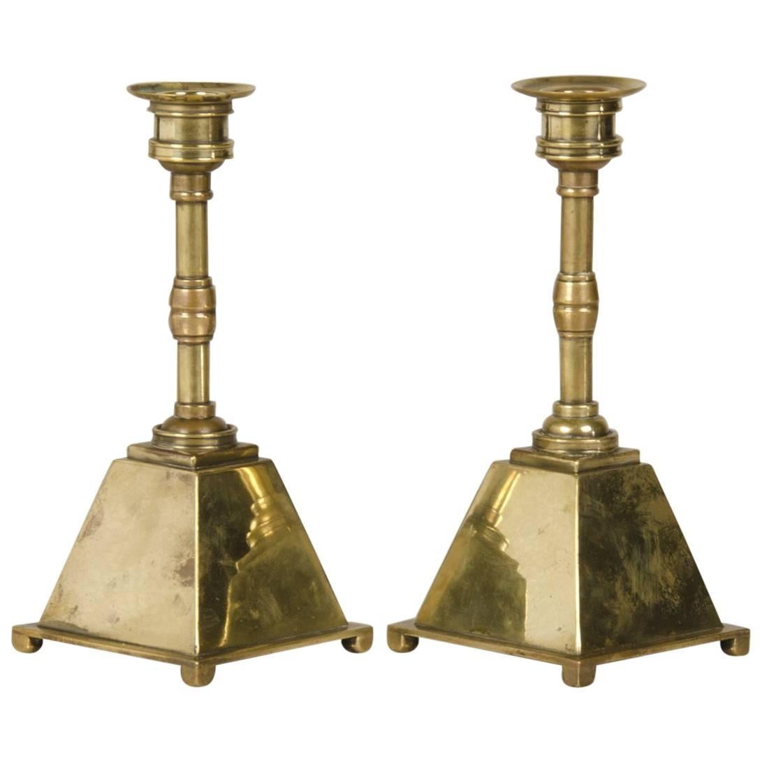 Pair of English Arts and Crafts Perios Brass Candlesticks, circa 1885