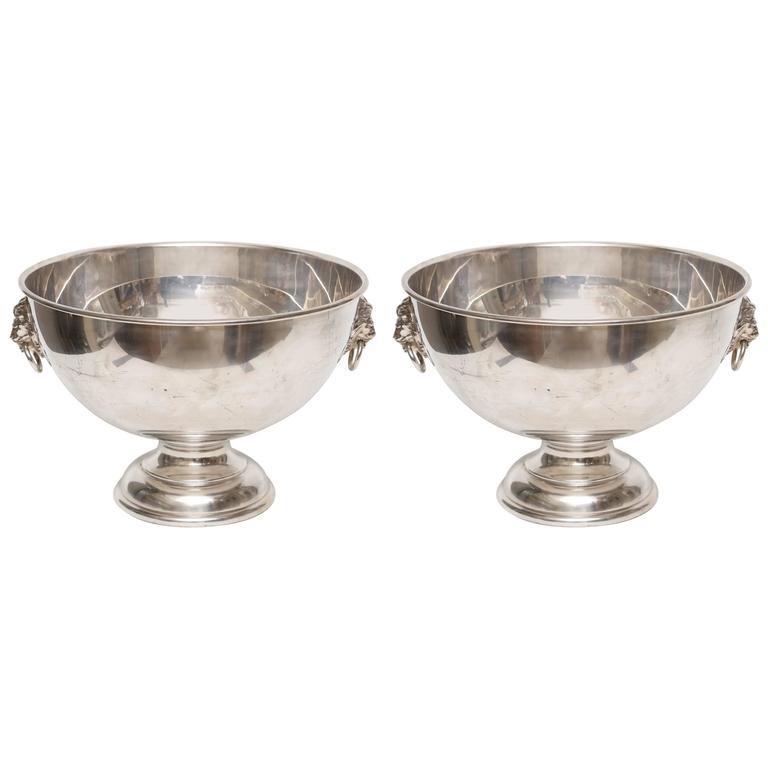 Pair of Antique Silver Plated Punch Bowls, Lion Head Handles For Sale at 1stdibs