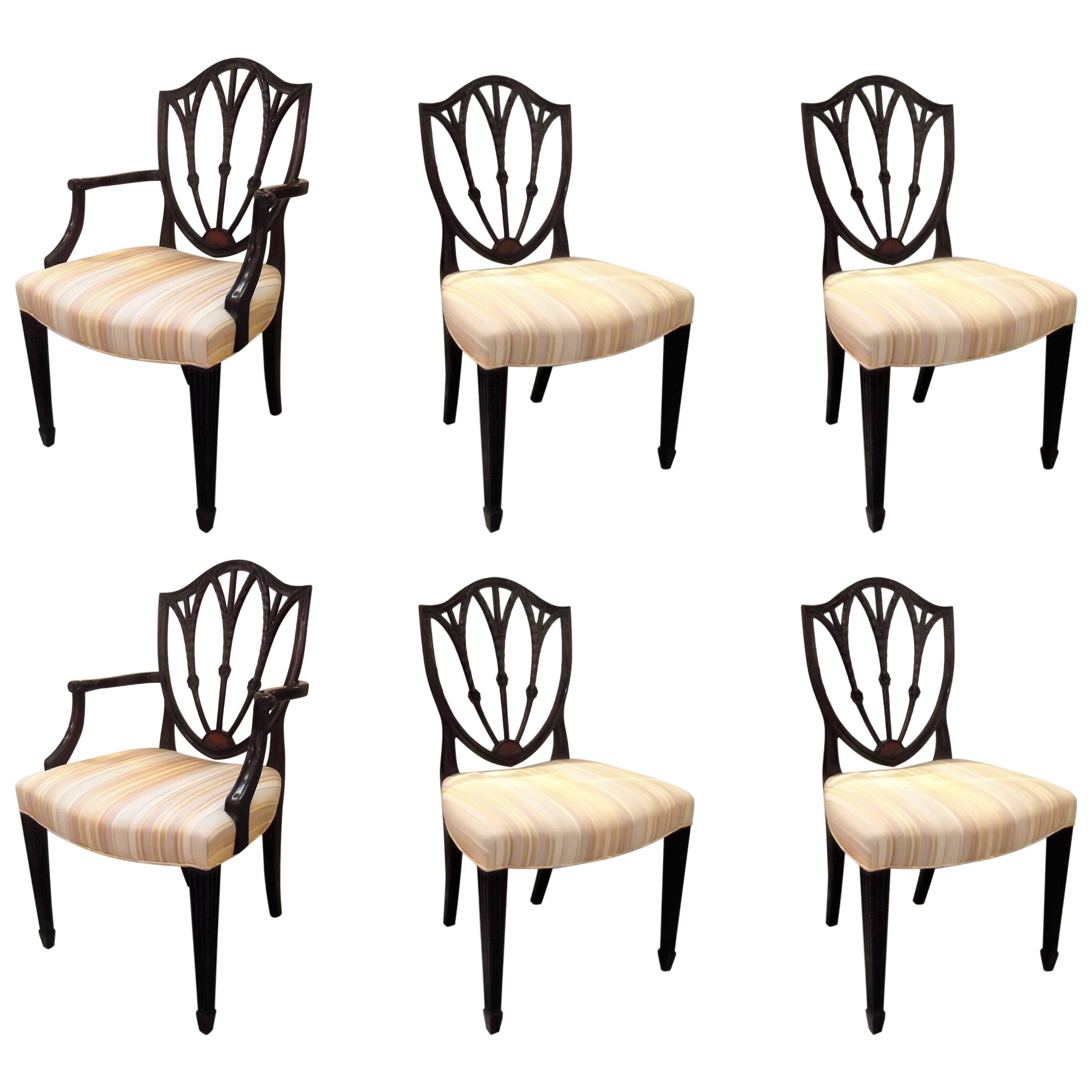 Set of Six Antique Hand-Carved Hepplewhite Style Dining Chairs