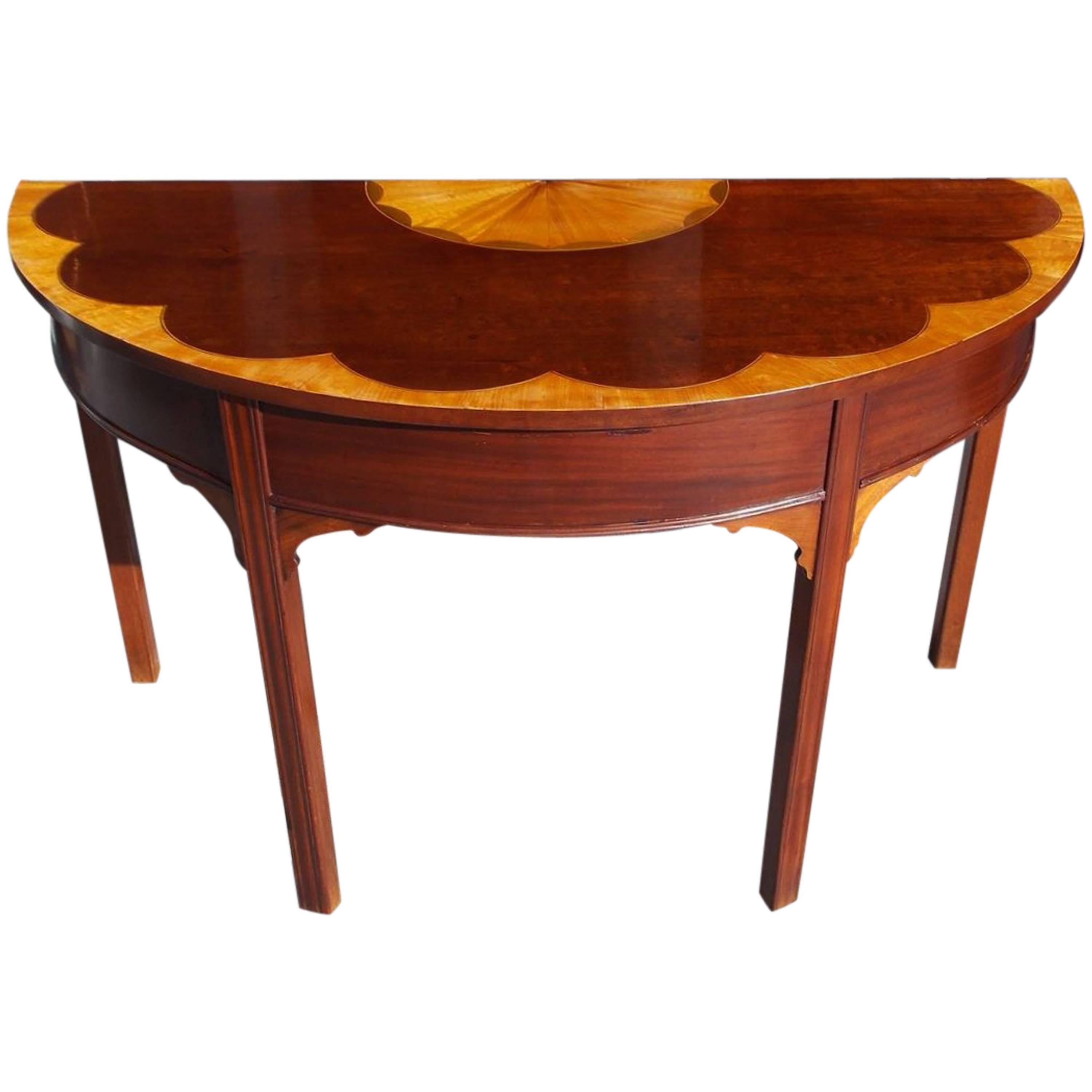 English Mahogany Demilune Satinwood Inlaid Console, Circa 1880