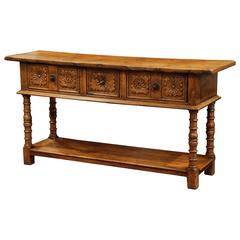 18th Century, Louis XIII, Carved Chestnut Console Table from the Pyrenees