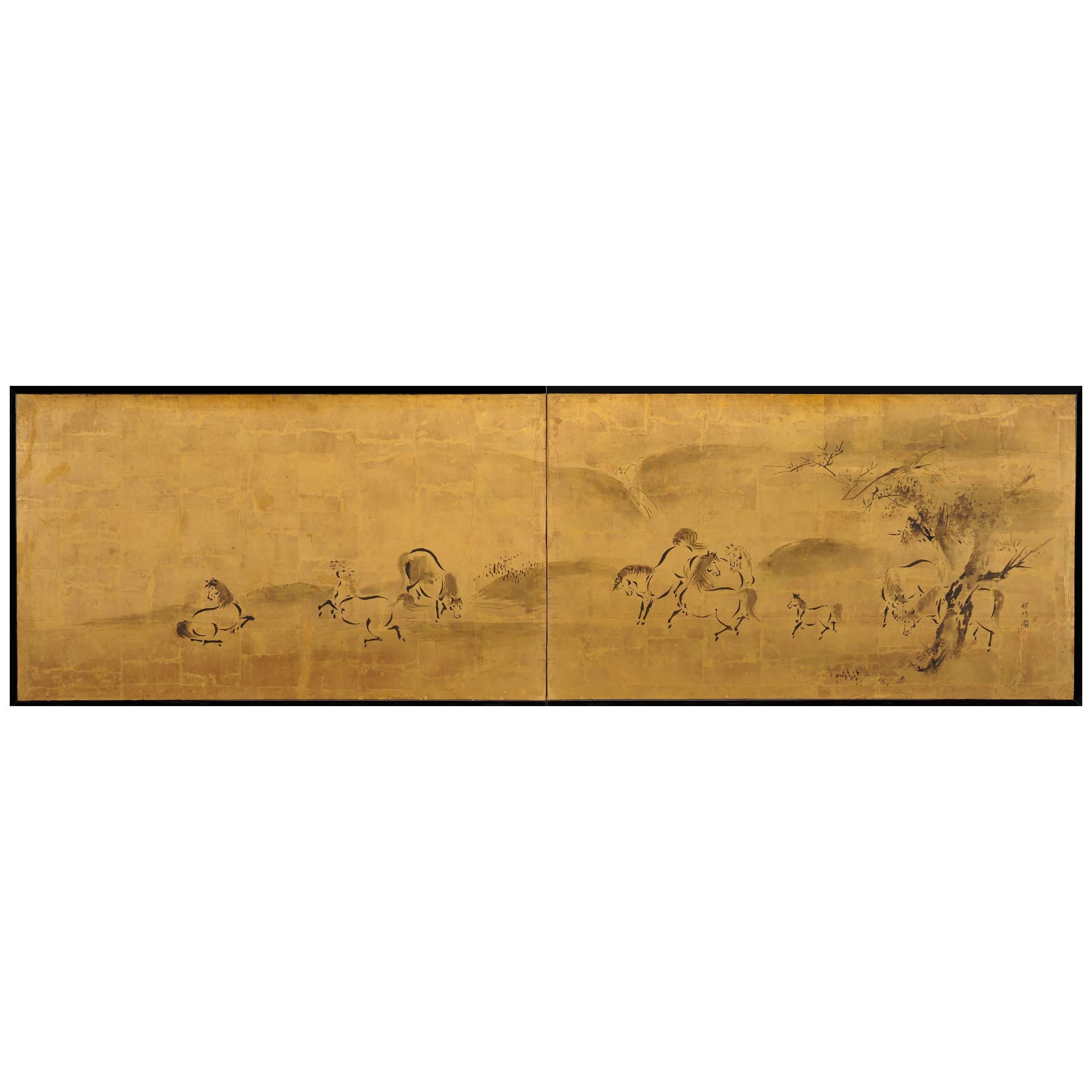 Japanese Screen Painting, Circa 1700 'Horses' by Kano Tanshin