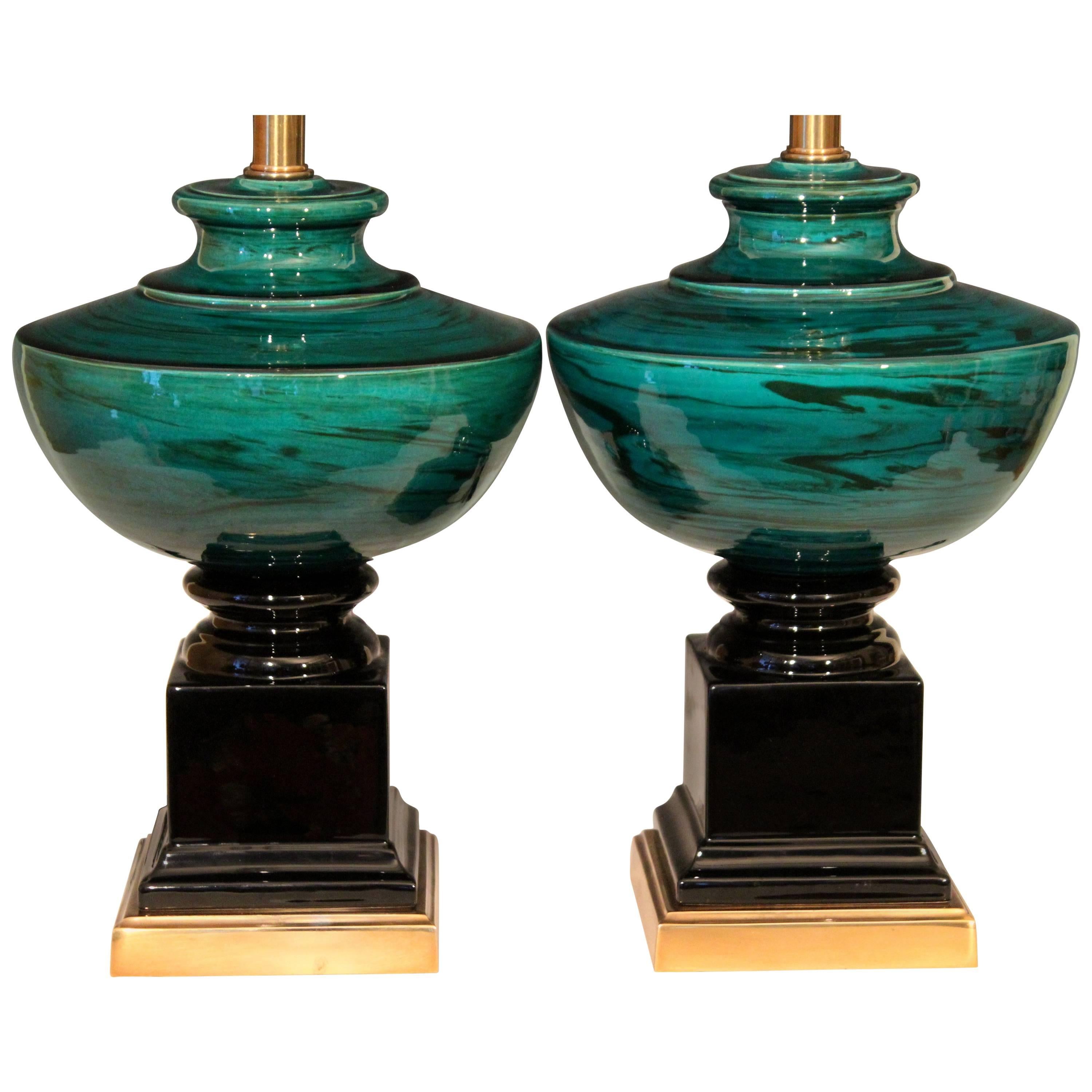 Pair of Vintage Bitossi Ceramic Italian Green Marbleized Malachite Pottery Lamps For Sale