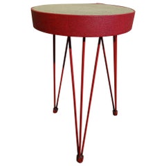 Stylish 1950s French red metal stool on hairpin legs
