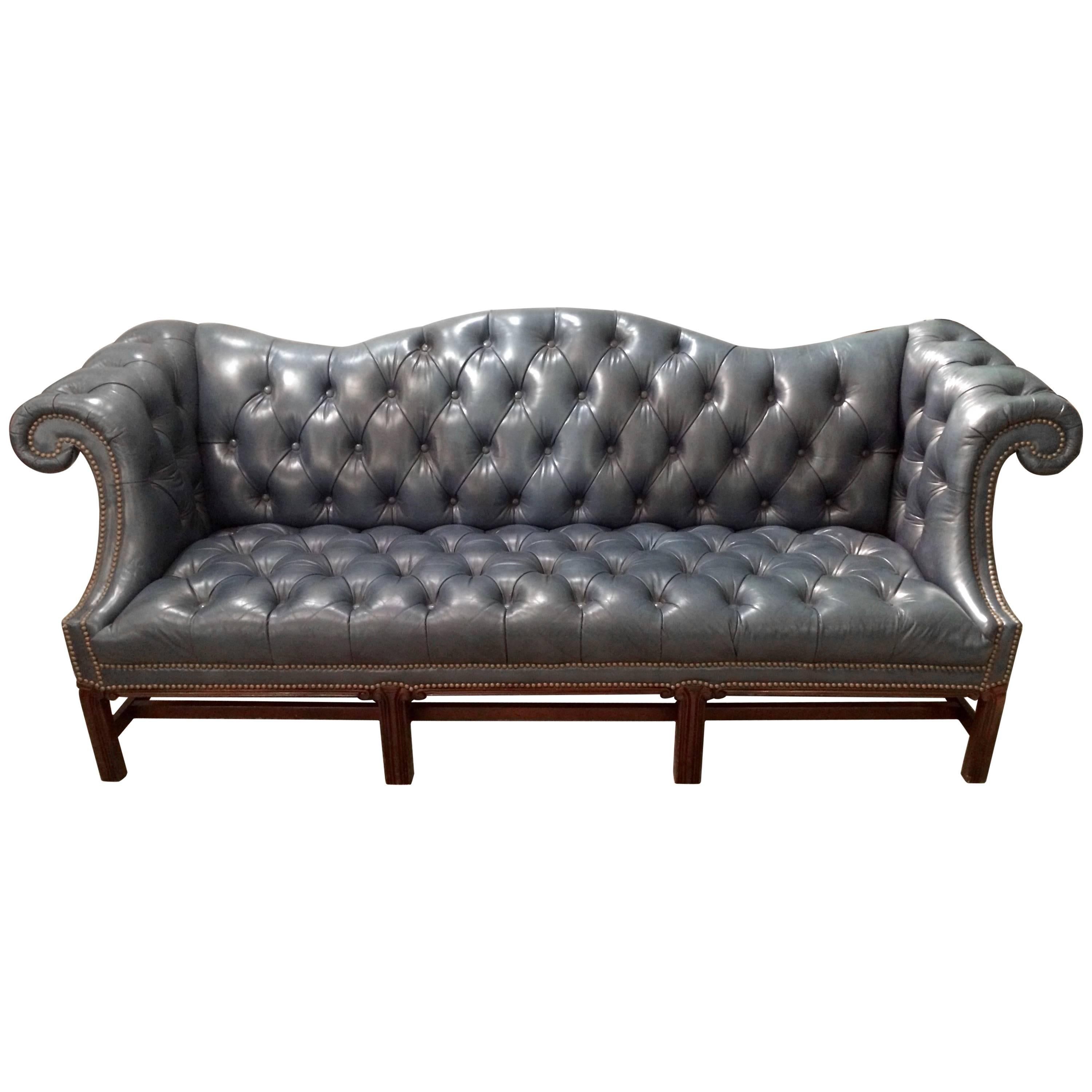 Elegant Grey Blue Leather Tufted Chesterfield