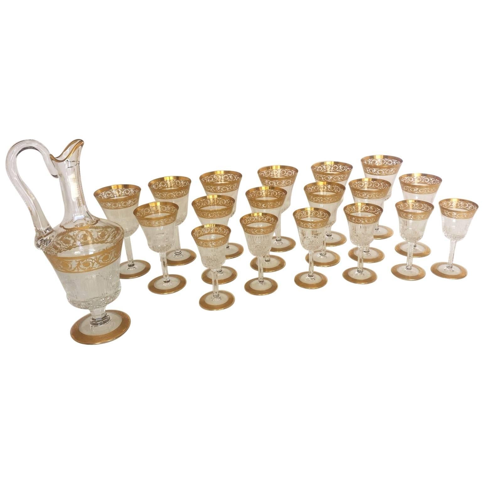 18 Glasses and Decanter in Crystal St Louis Thistle Gold Model, French For Sale
