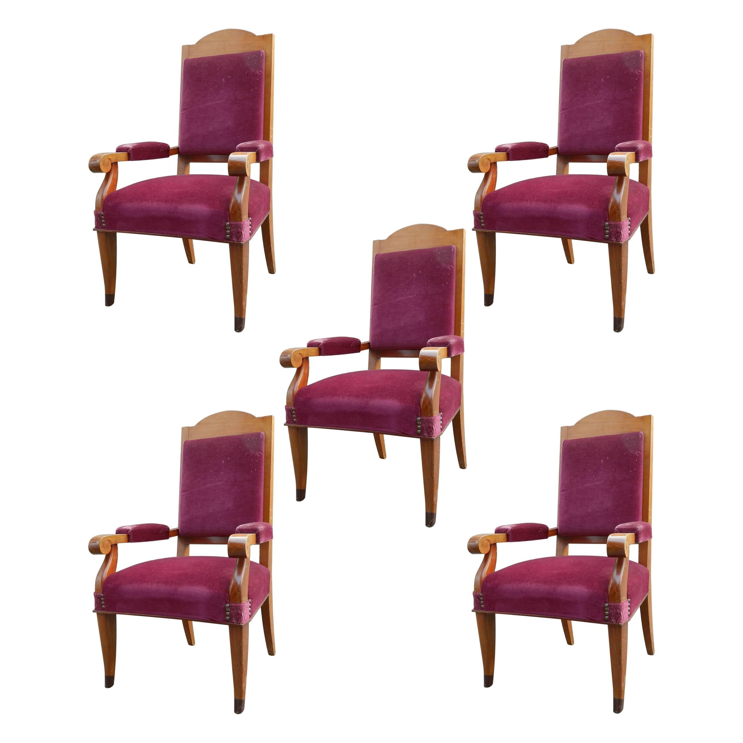 Set of Five Large Art Deco Armchairs in Cherry in the Style of Andre Arbus