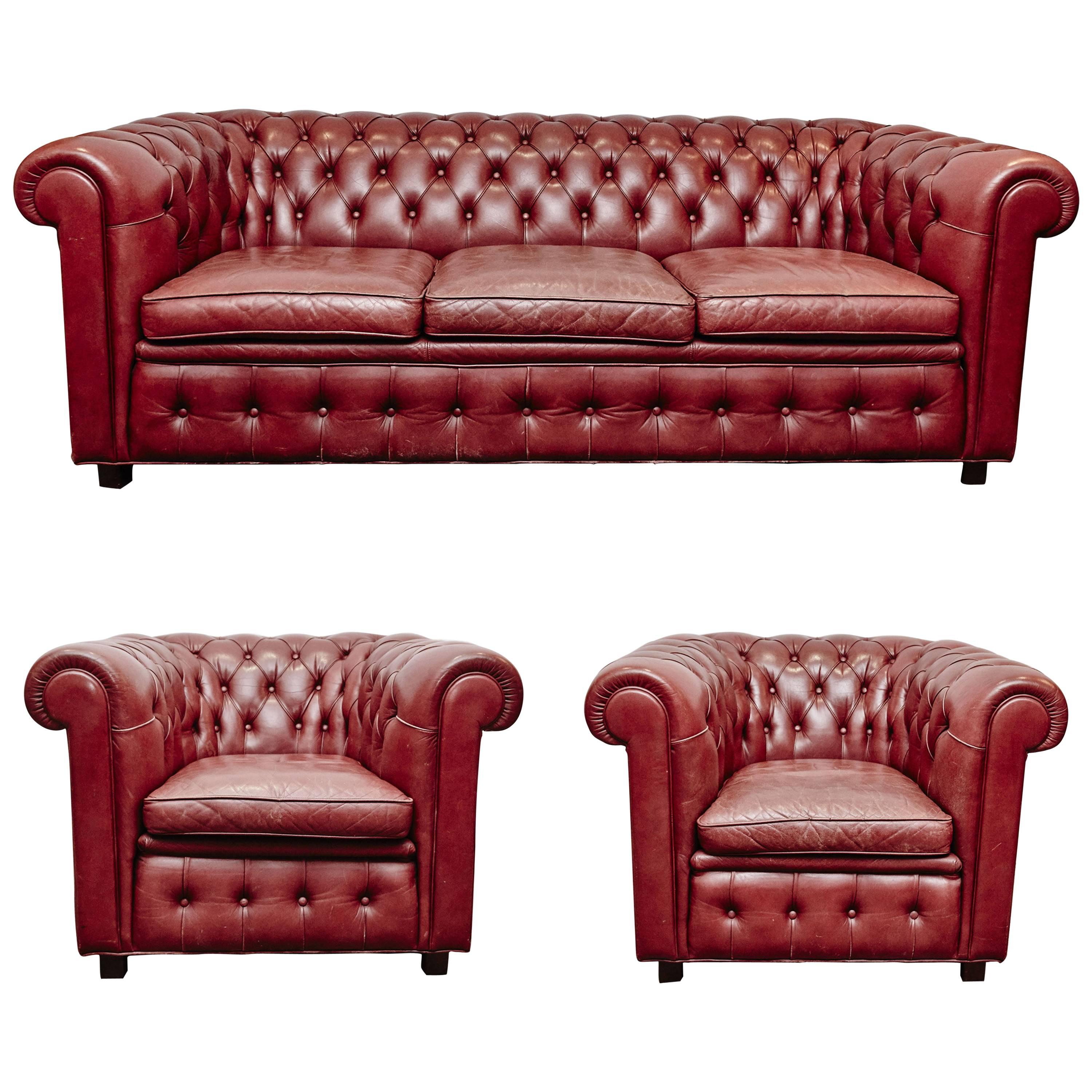 Leather Chesterfield Sofa and Pair of Armchairs by Arne Norell