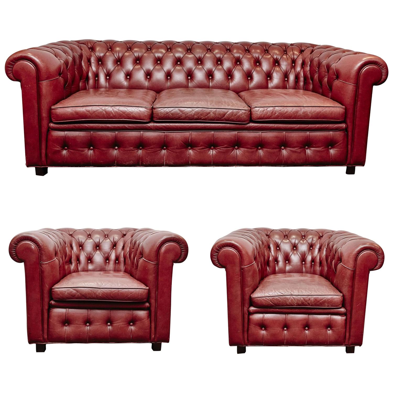 Leather Chesterfield Sofa and Pair of Armchairs by Arne Norell at