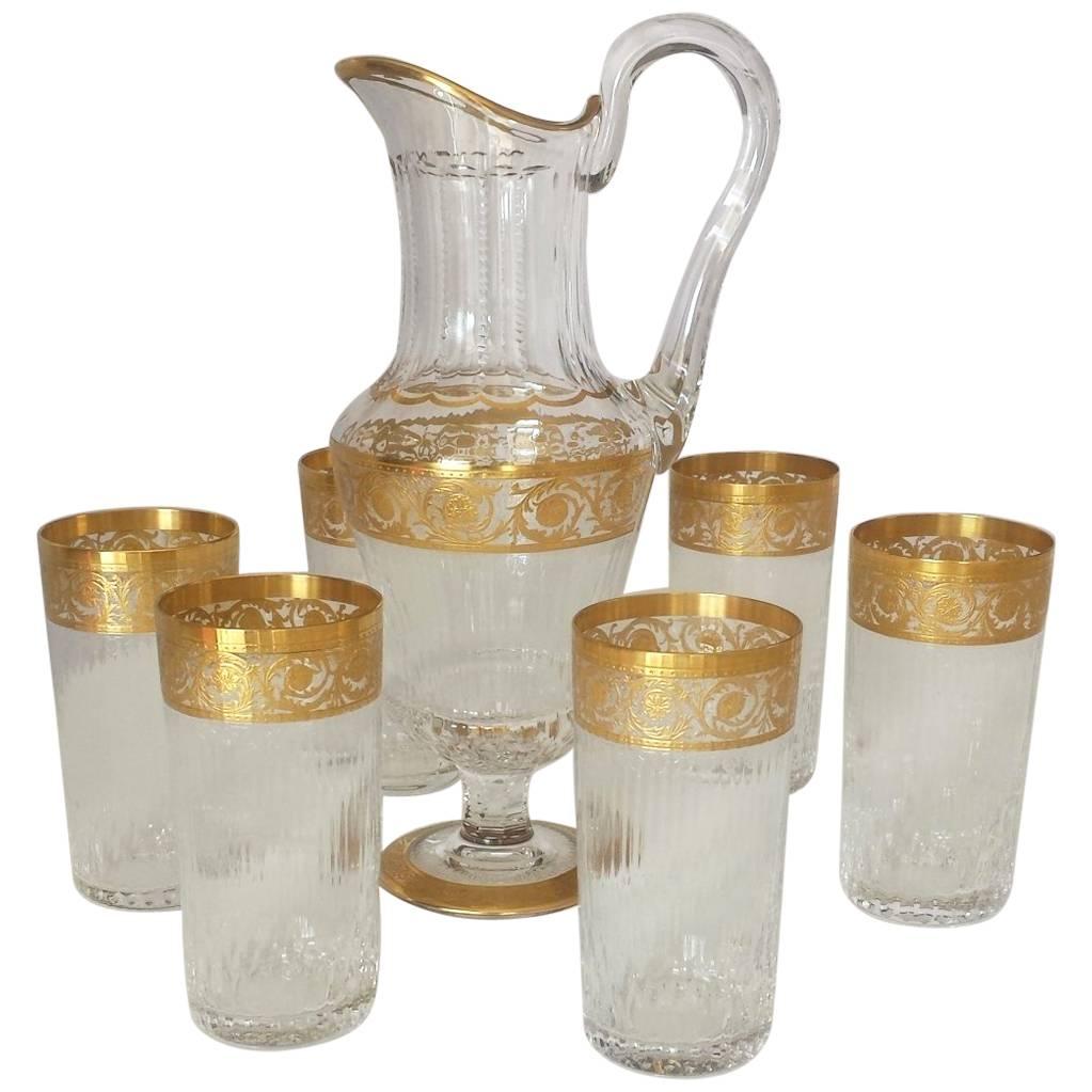Six Large Highballs and Water Jug in Crystal St Louis Thistle Gold Model