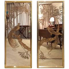 Glitzy Pair of Églomisé Brass Framed Etched Mirror Panels