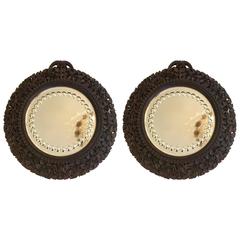 Pair of Intricate Chinese Export Carved Wood Round Bullseye Mirrors 1