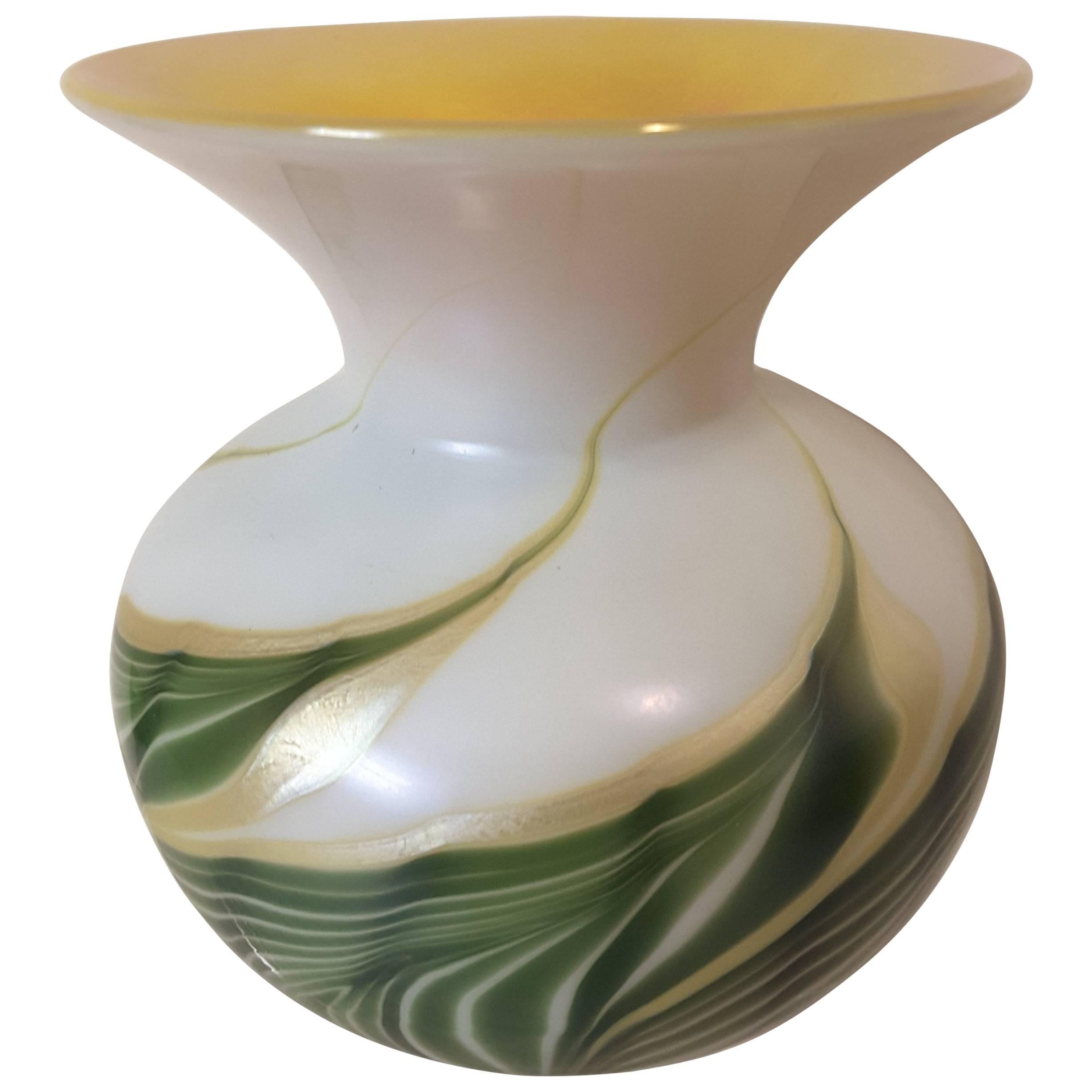 Pulled Feather Art Glass Vase in White, Green and Iridescent Gold Interior