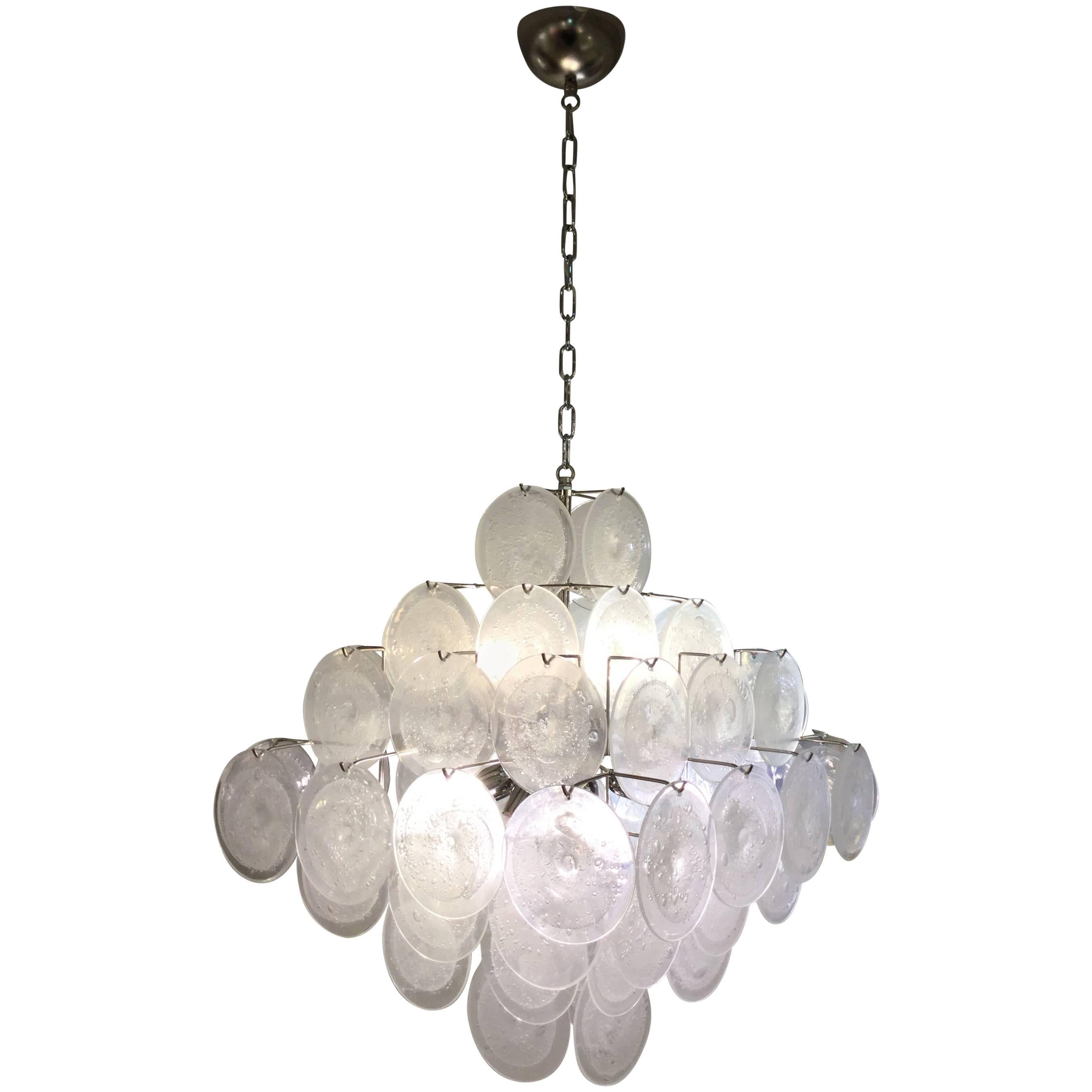Italian Chandelier with White Venetian Glass Discs in the Style of Vistosi