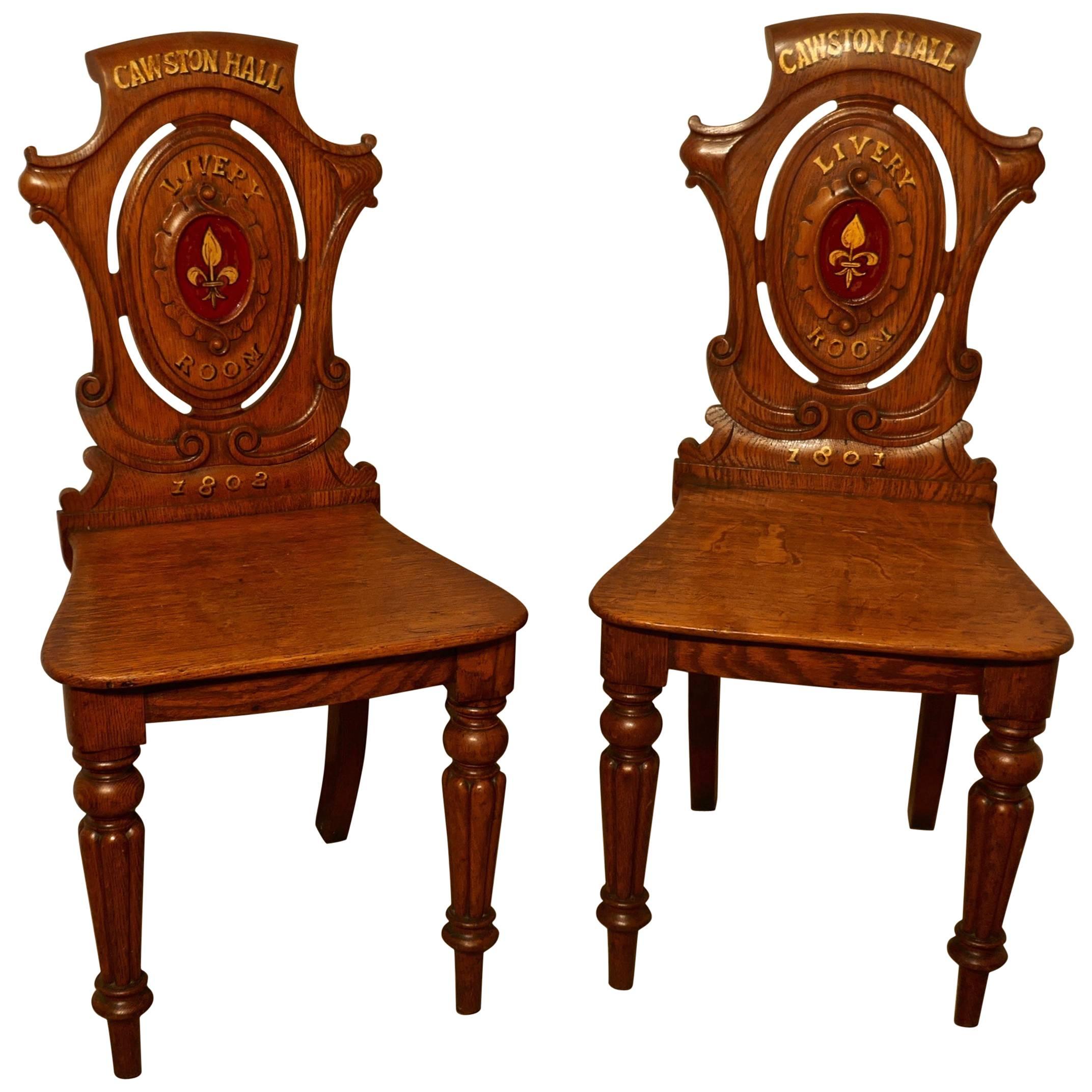 Early 19th Century Golden Oak Hall Chairs, from Cawston Hall Livery Room For Sale