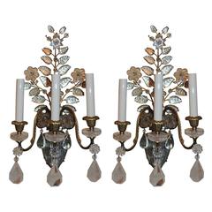 Wonderful Pair Vintage Baguès Rock Crystal Gilt Bronze Jansen Urn Flower Sconces