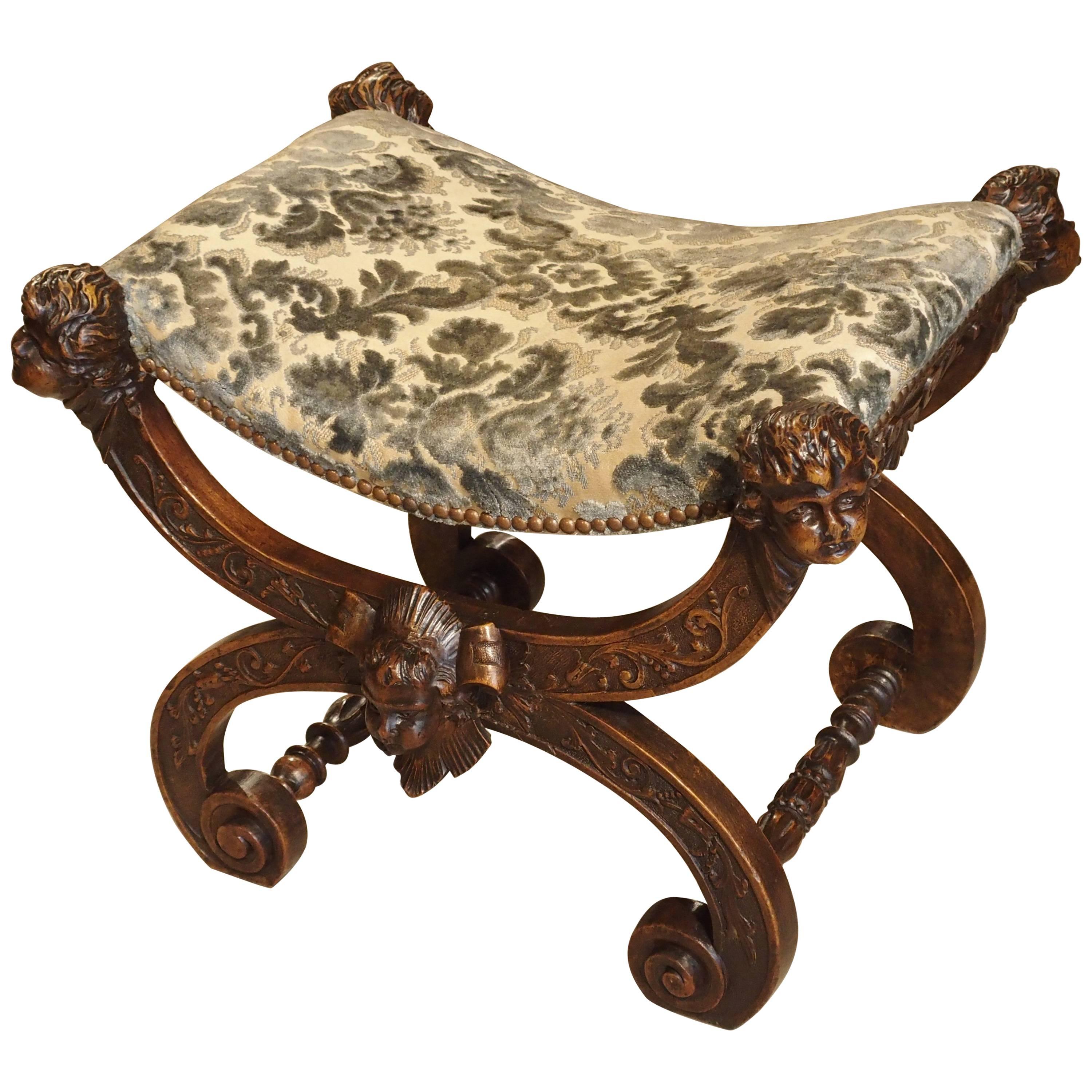 Carved Antique Walnut Wood Stool from Italy, 1800s