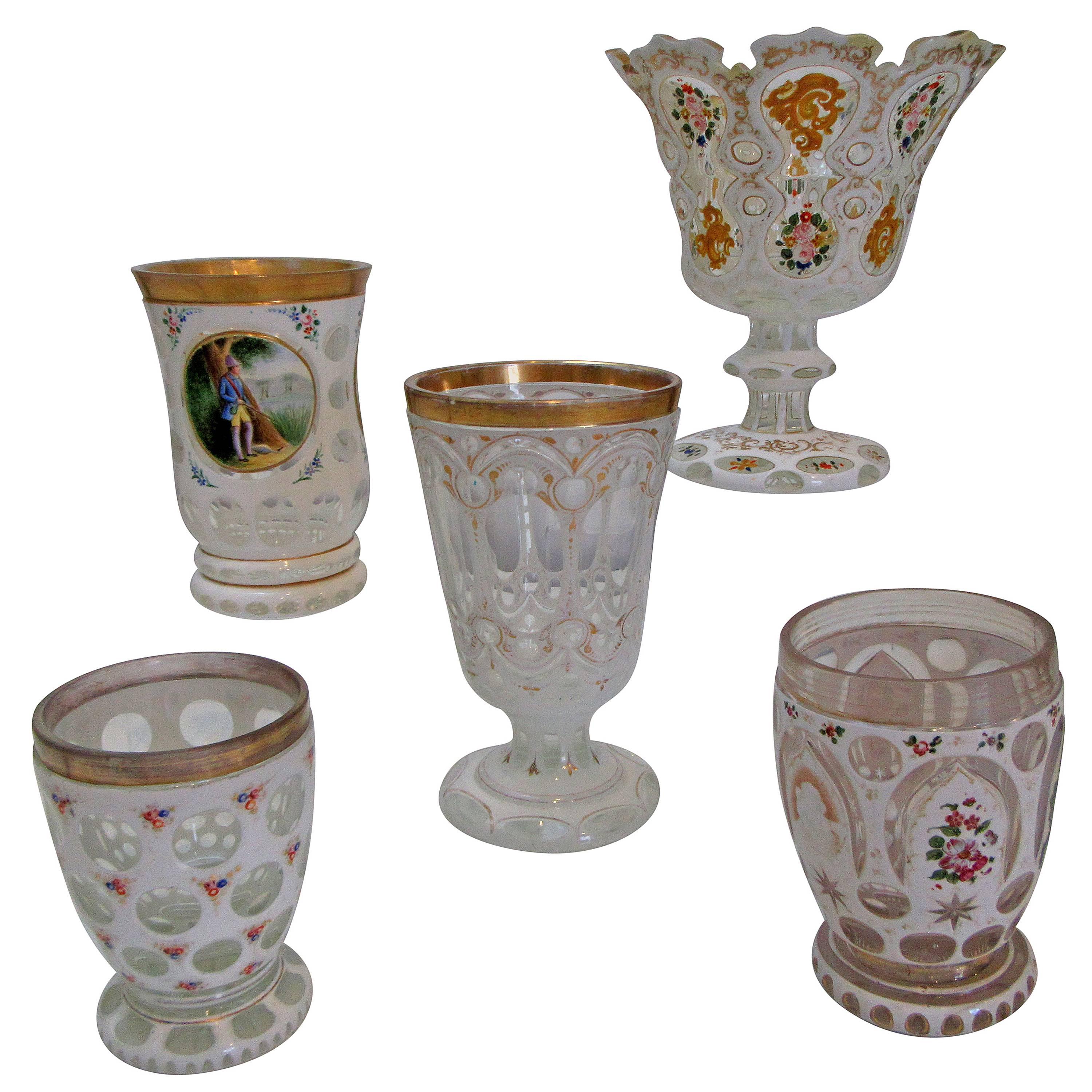 Collection of Bohemian White Cut-Out Glassware For Sale