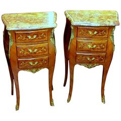 Pair of French Marble-Top Marquetry Inlaid Kingwood Three-Drawer Bedside Tables