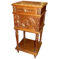 Old French, Hand-Carved Oak Breton Style Marble-Top Pot Cupboard or Side Table 2