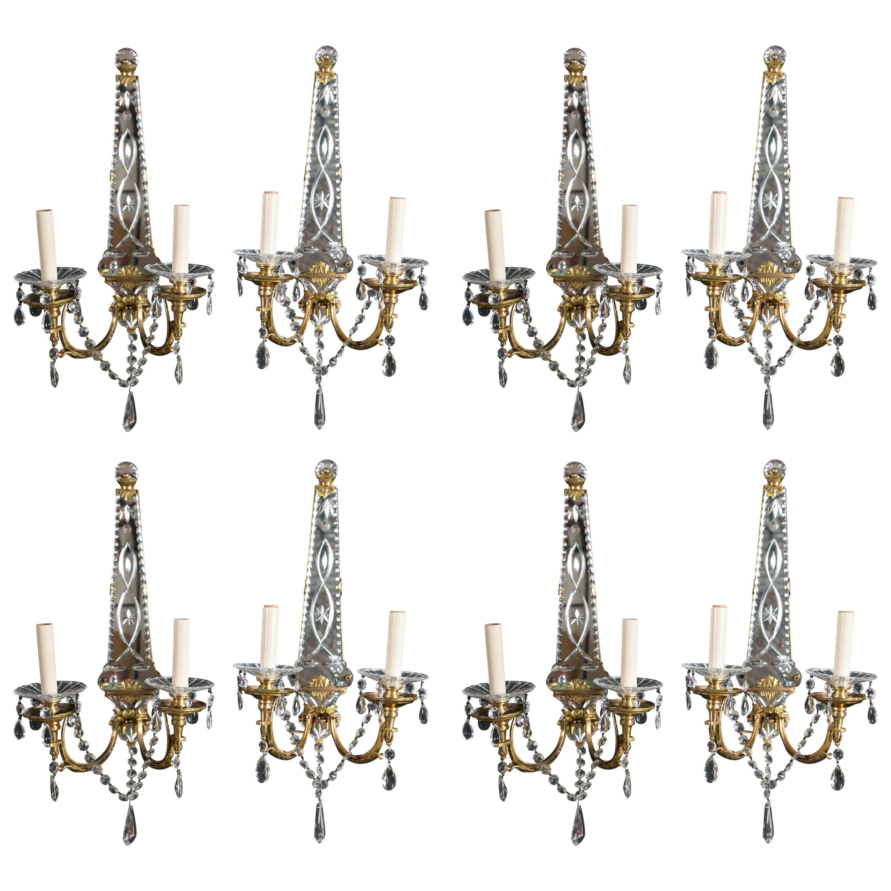Set of Eight French Gilt Bronze Sconces with Etched Mirror Backplate For Sale