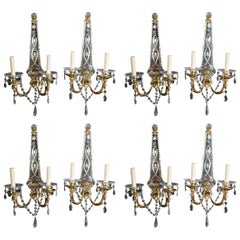 Set of Eight French Gilt Bronze Sconces with Etched Mirror Backplate