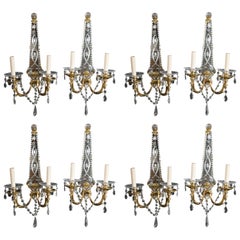 Set of Eight French Gilt Bronze Sconces with Etched Mirror Backplate