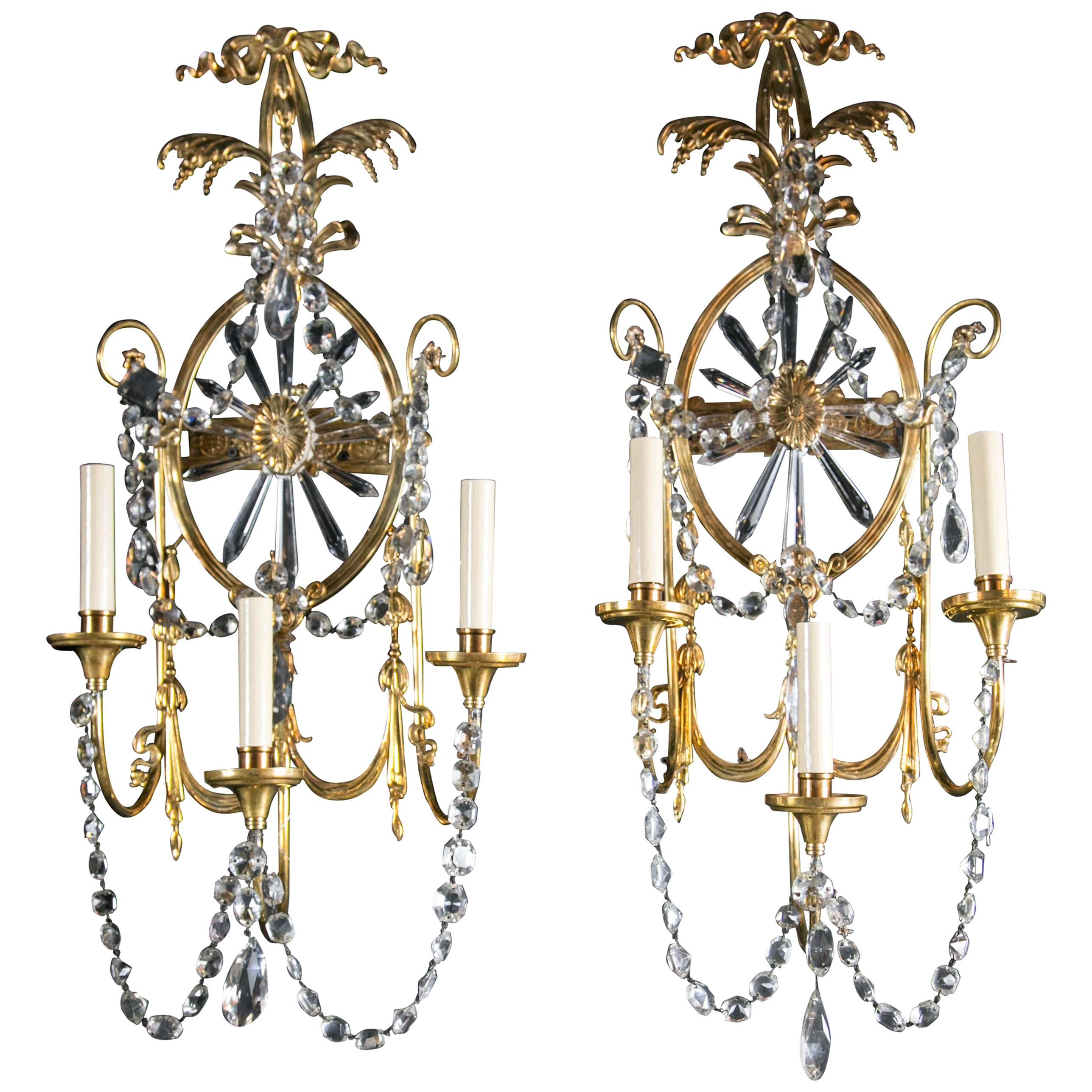 Pair of Large 1920 Caldwell Three-light Sconces with Sunburst Shaped Crystal For Sale