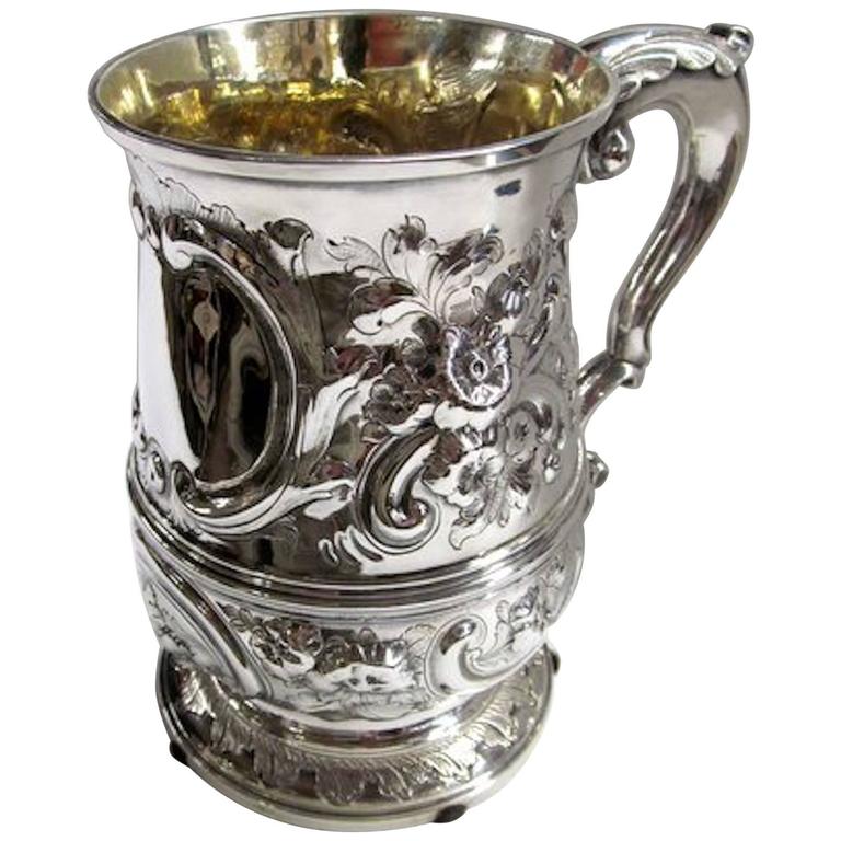 Hand Chased George II Large Sterling Tankard, William Cripps, London For Sale