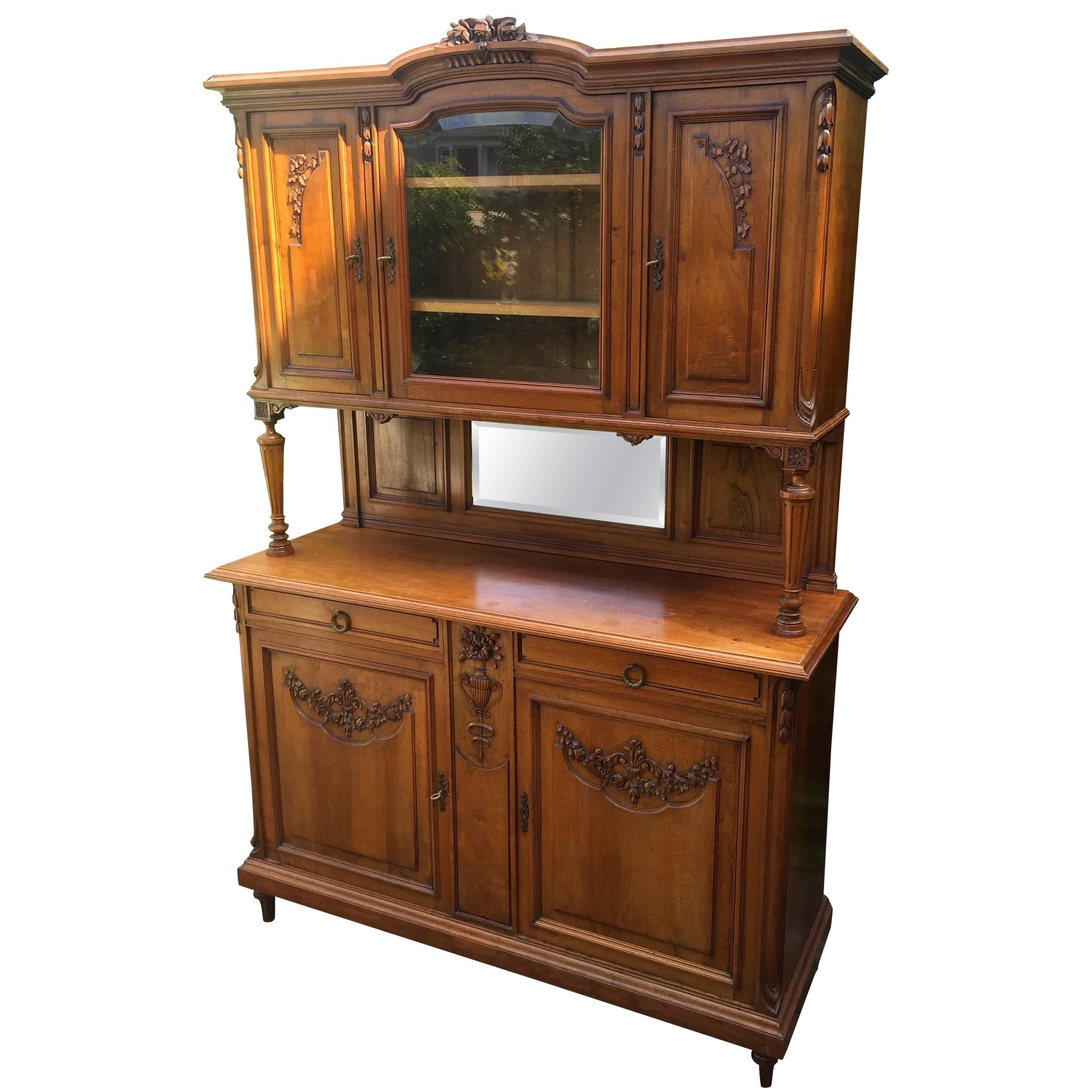 Early 1900's French Hand-Carved Walnut Three-Piece Sideboard Server Cupboard
