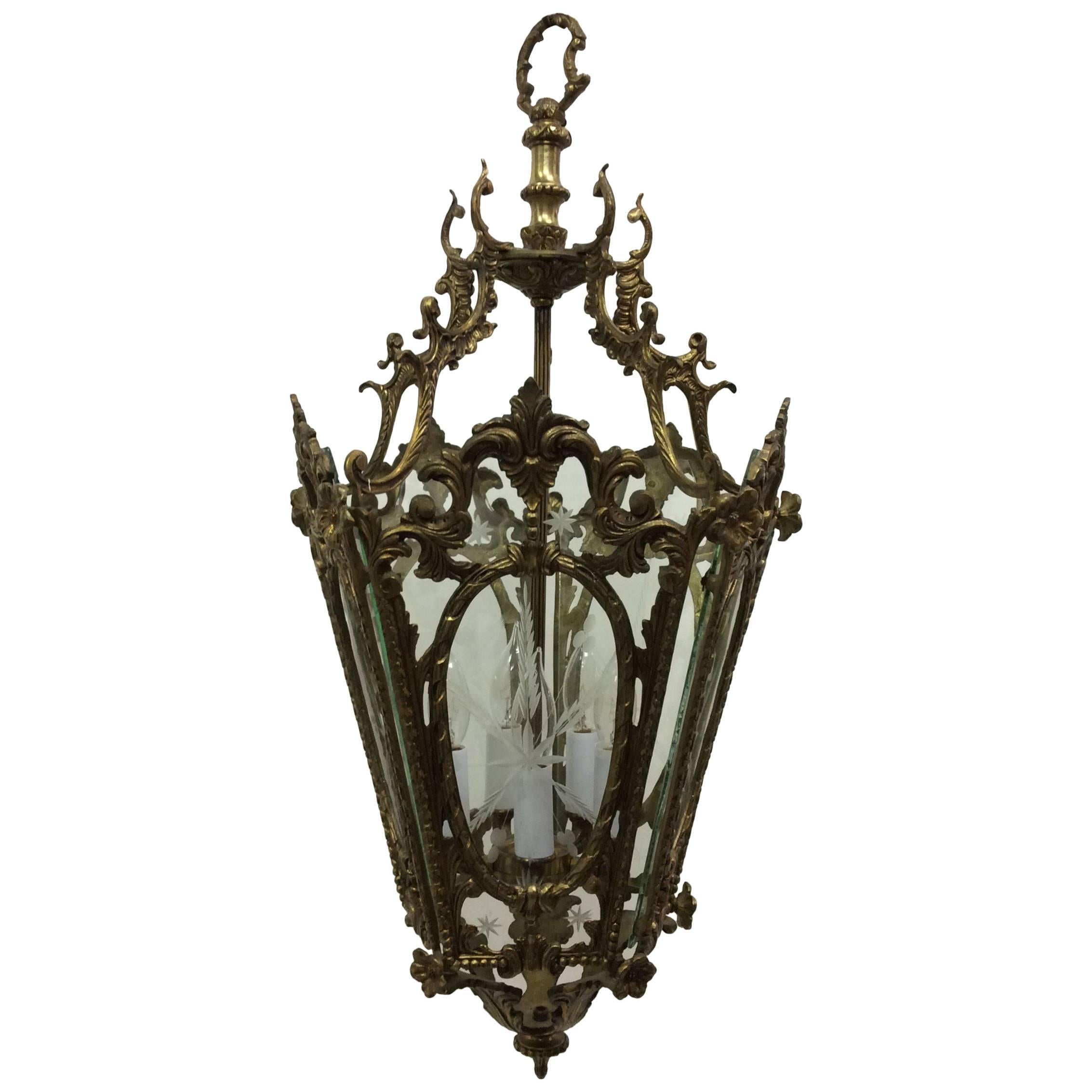 1950s, Etched Glass Ornate Brass Lantern For Sale