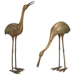 Pair of Mid-Century Tall Brass Crane Statues