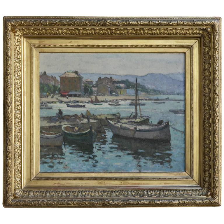 20th Century French Impressionist Oil Painting of Boats in
