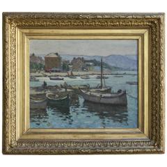 Antique 20th Century French Impressionist Oil Painting of Boats in Mediterranean Harbor