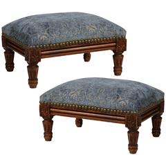 Pair of Early 20th Century, French, Carved Footstools with New Velvet Upholstery
