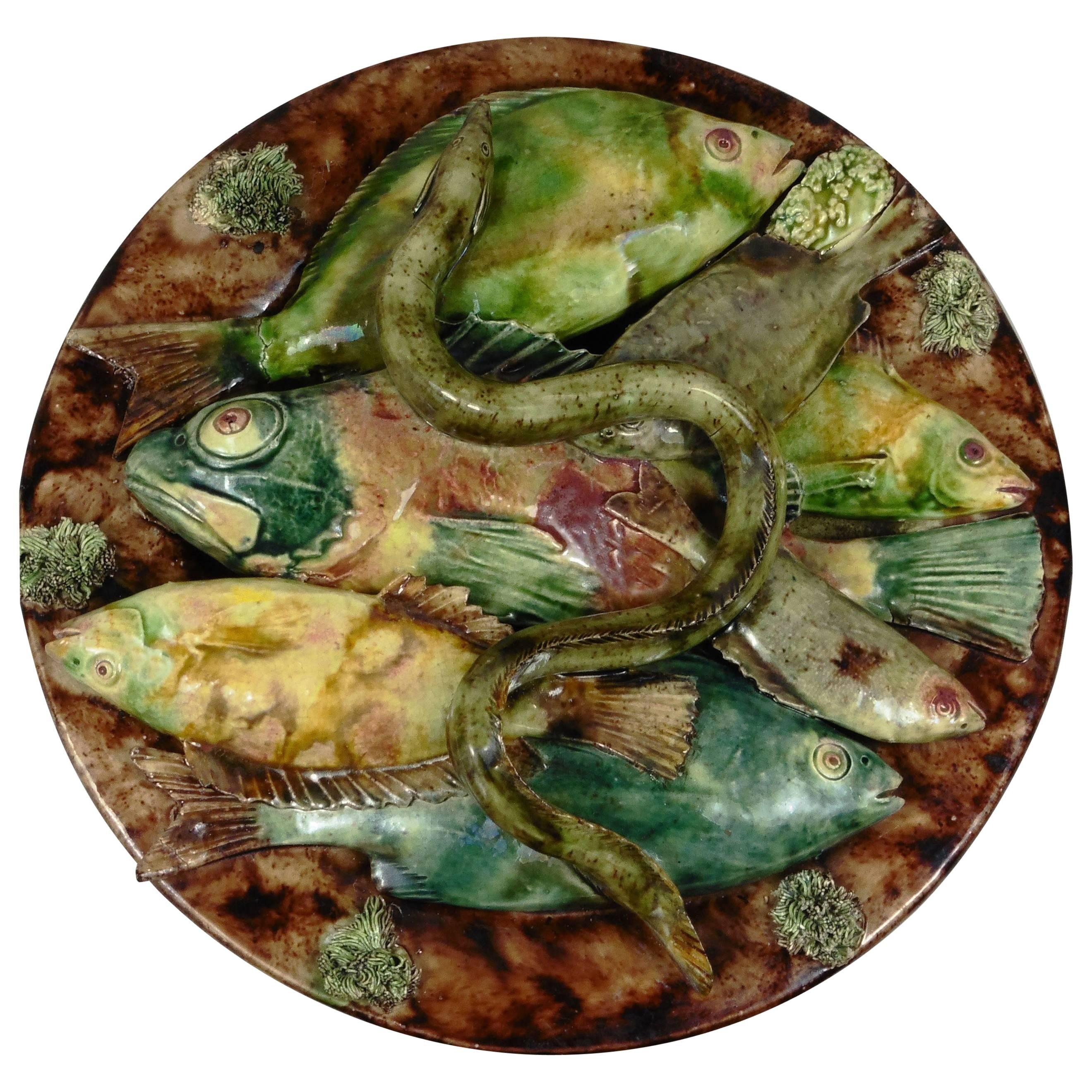 19th Century Majolica Palissy Portuguese Fishes & Eel Wall Platter Jose A. Cunha For Sale
