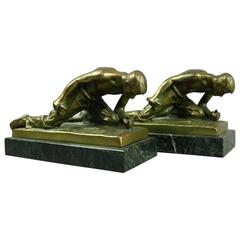 Pair of Bronze Figural Bookends Representing Industry with Marble Base