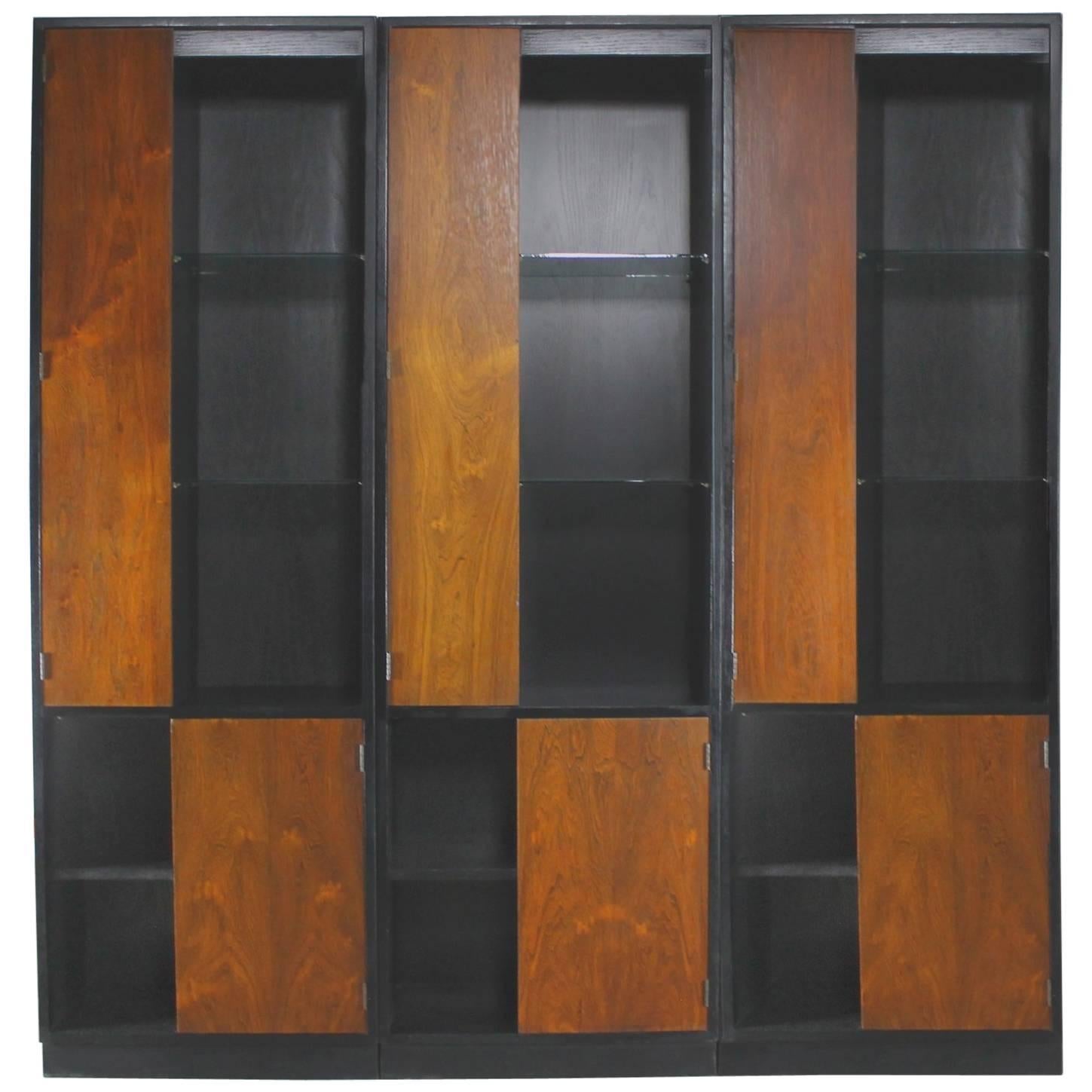 Vintage Harvey Probber Alternating Door Display Cabinets Rosewood & Ebonized Oak