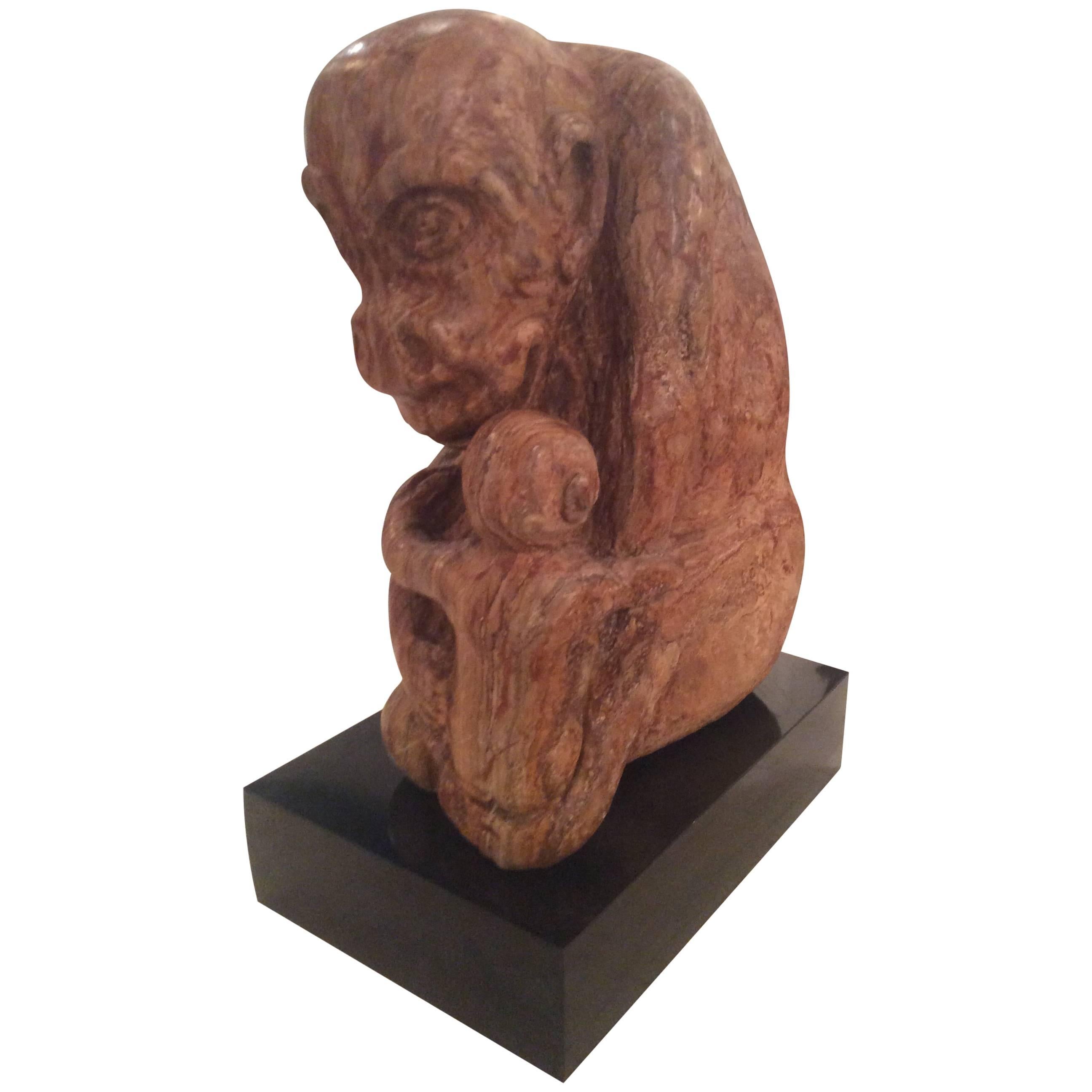 Stone Rock Carved Monkey Mother and Baby Gorilla Statue Signed LEW Siegel For Sale