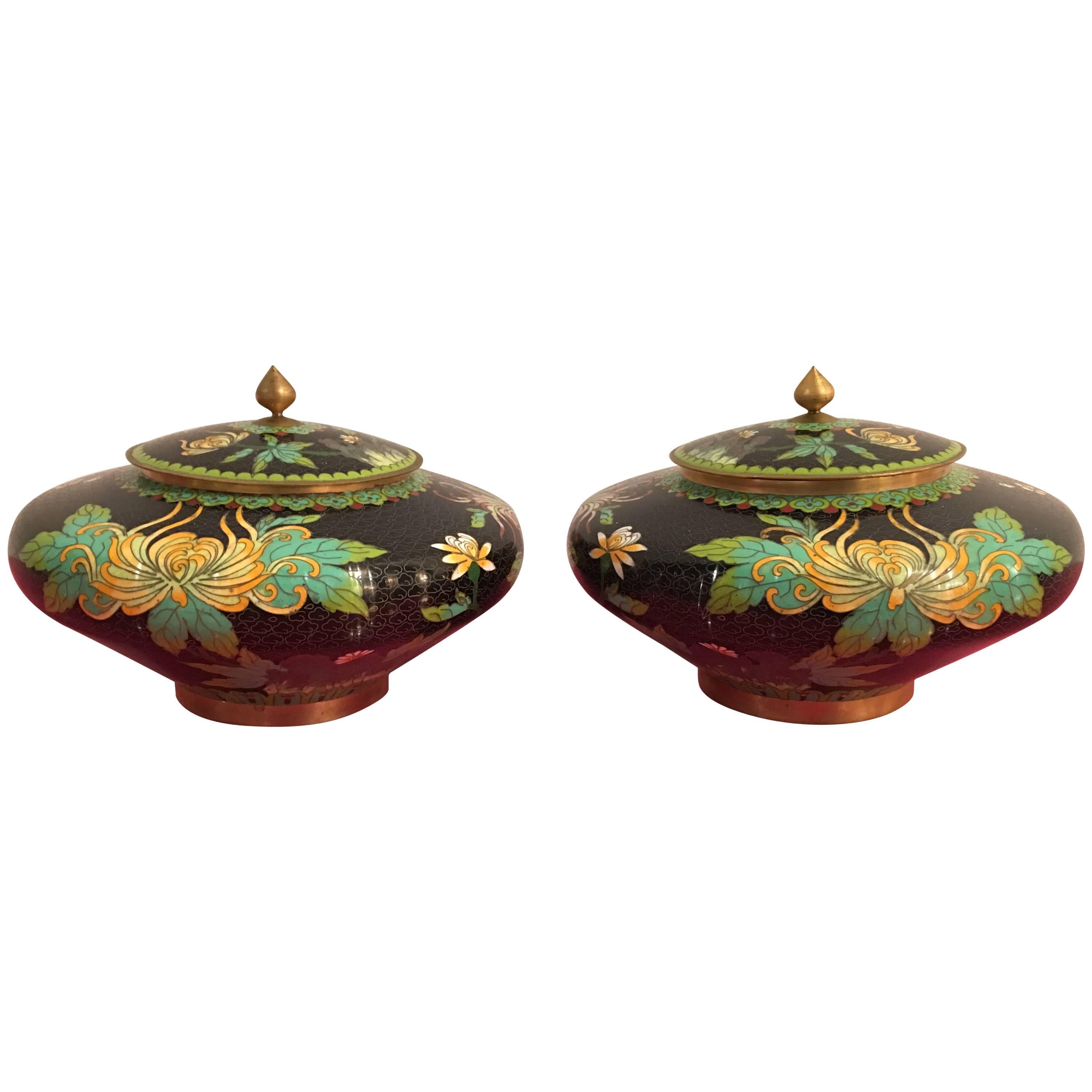 Pair of Vintage Cloisonné Lid Jars Vases Urns Brass Enamel Floral Flowers Metal For Sale