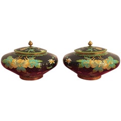 Pair of Vintage Cloisonné Lid Jars Vases Urns Brass Enamel Floral Flowers Metal