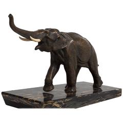 Art Deco Bronze Elephant Sculpture on Marble Mount, 1930s