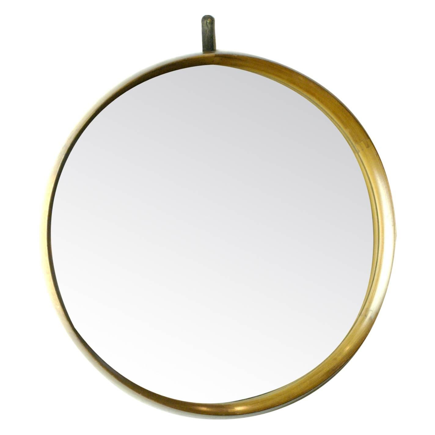 Miroir mural circulaire scandinave en teck et cuir