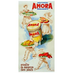 Rare affiche publicitaire originale pour produits alimentaires "La moutarde Amora fait ressortir la saveur"