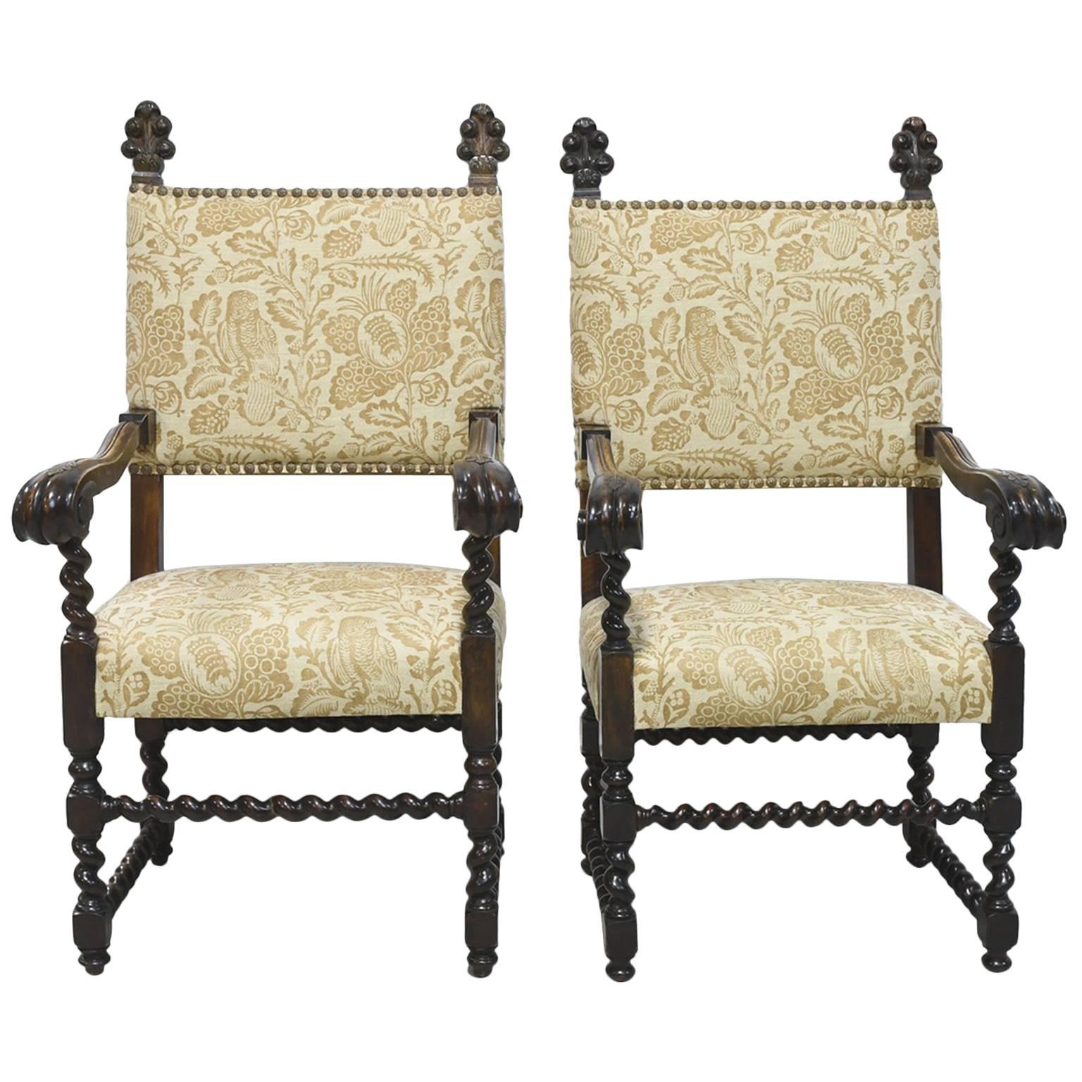 Pair of 19th Century Jacobean Style Throne Chairs with Carved Royal Plumes For Sale