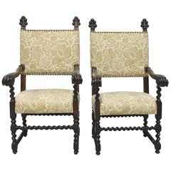 Pair of 19th Century Jacobean Style Throne Chairs with Carved Royal Plumes 9