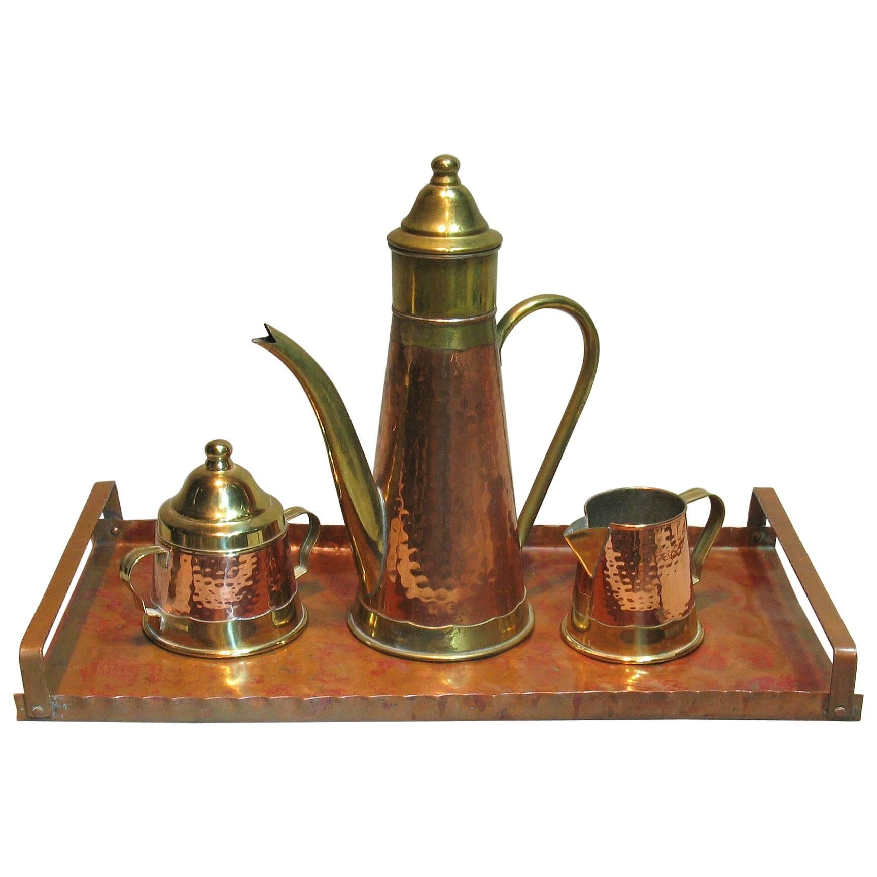 Exquisite Planished Copper and Brass Coffee Set, by Dinanderie de Mecap