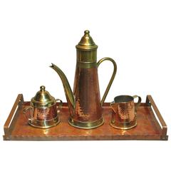 Antique Exquisite Planished Copper and Brass Coffee Set, by Dinanderie de Mecap