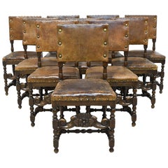 Set of 10 Italian 19th Century Renaissance Revival Chairs in Walnut with Leather