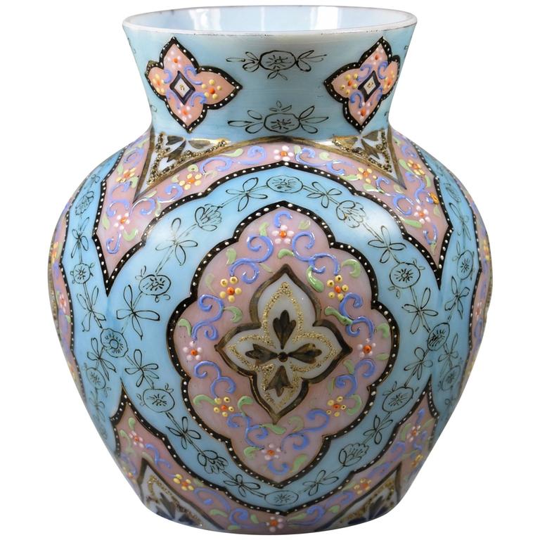 b Moroccan Pattern Orientalist Persian Enameled Art Glass Vase at